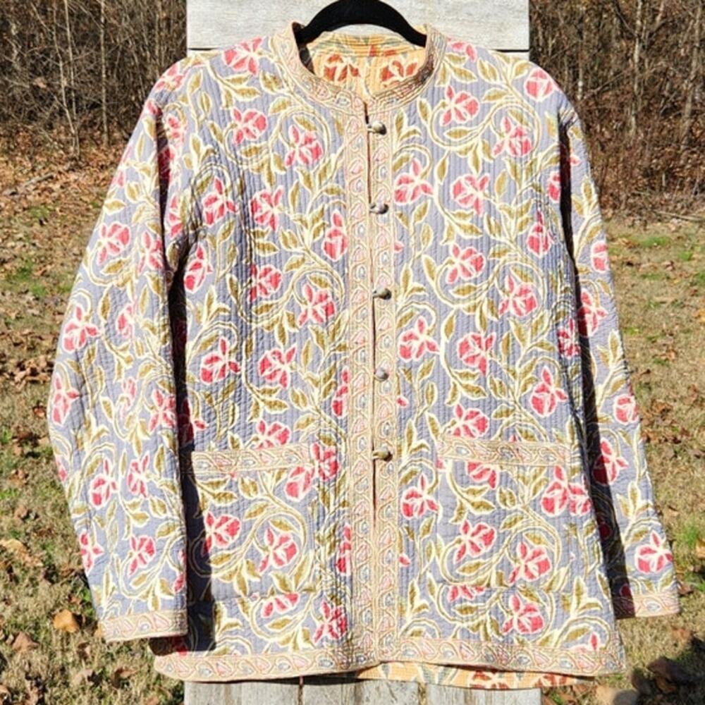 Reversible Block Print Quilted Jacket Floral Kantha Style Coat Boho Cottagecore